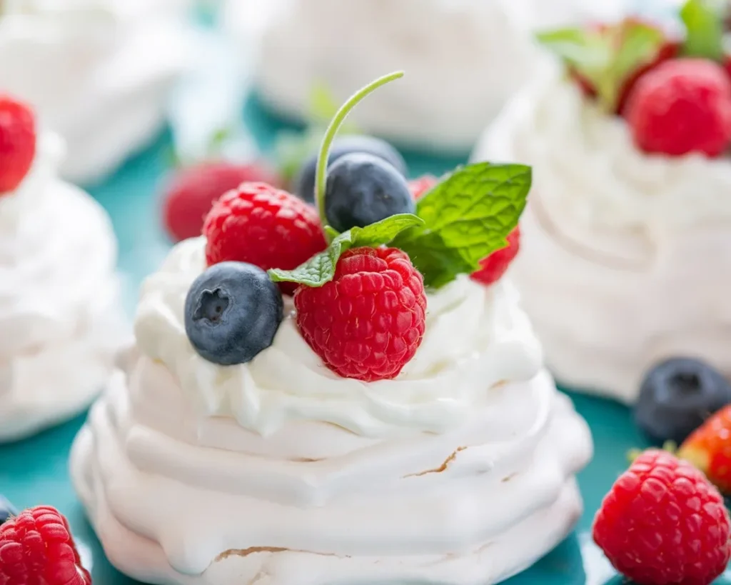 Mini pavlova z kremem i świeżymi owocami na talerzu