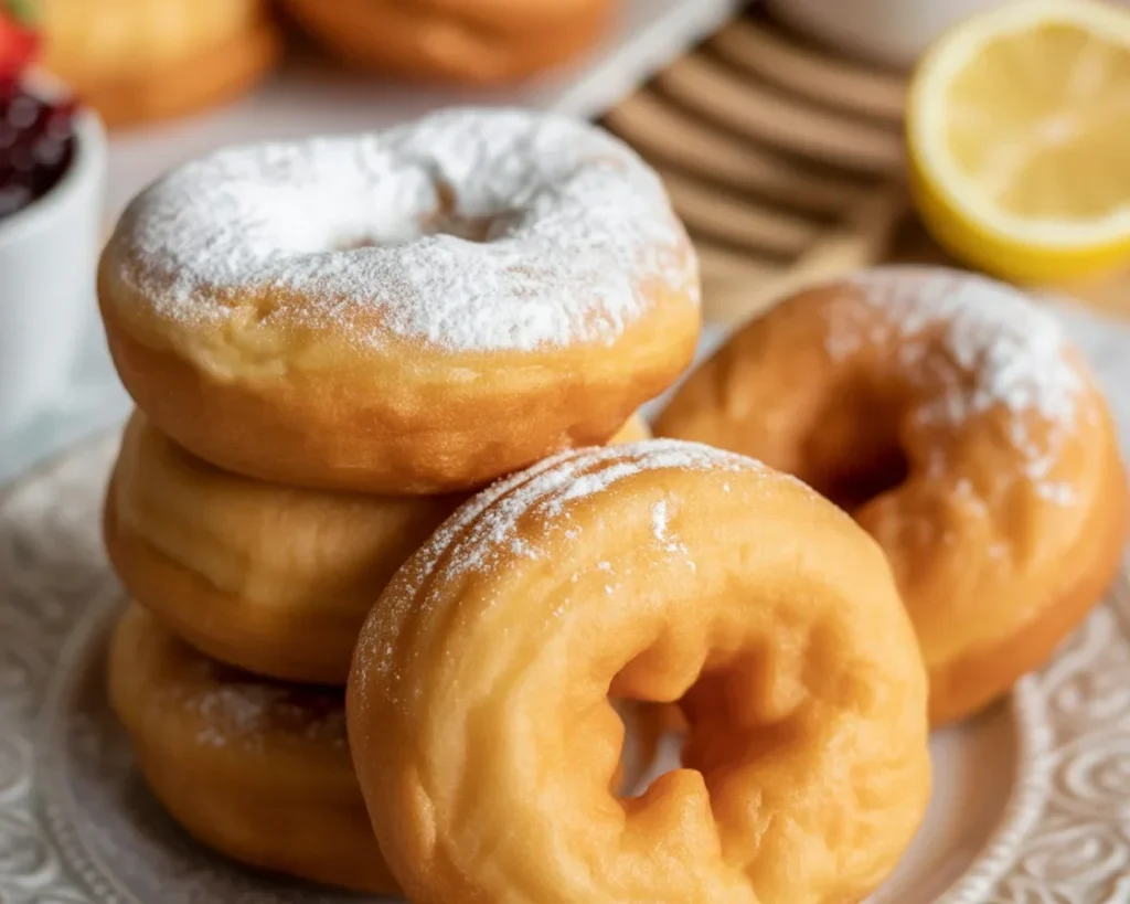 Oponki serowe z twarogu i mąki pszennej, pyszne pączki z dziurką do podania.