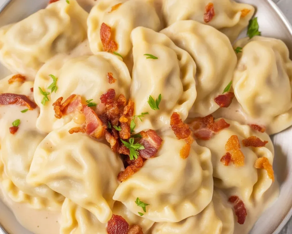 Pierogi ruskie z nadzieniem ziemniaczanym i twarogiem, podane z sosem cebulowym.