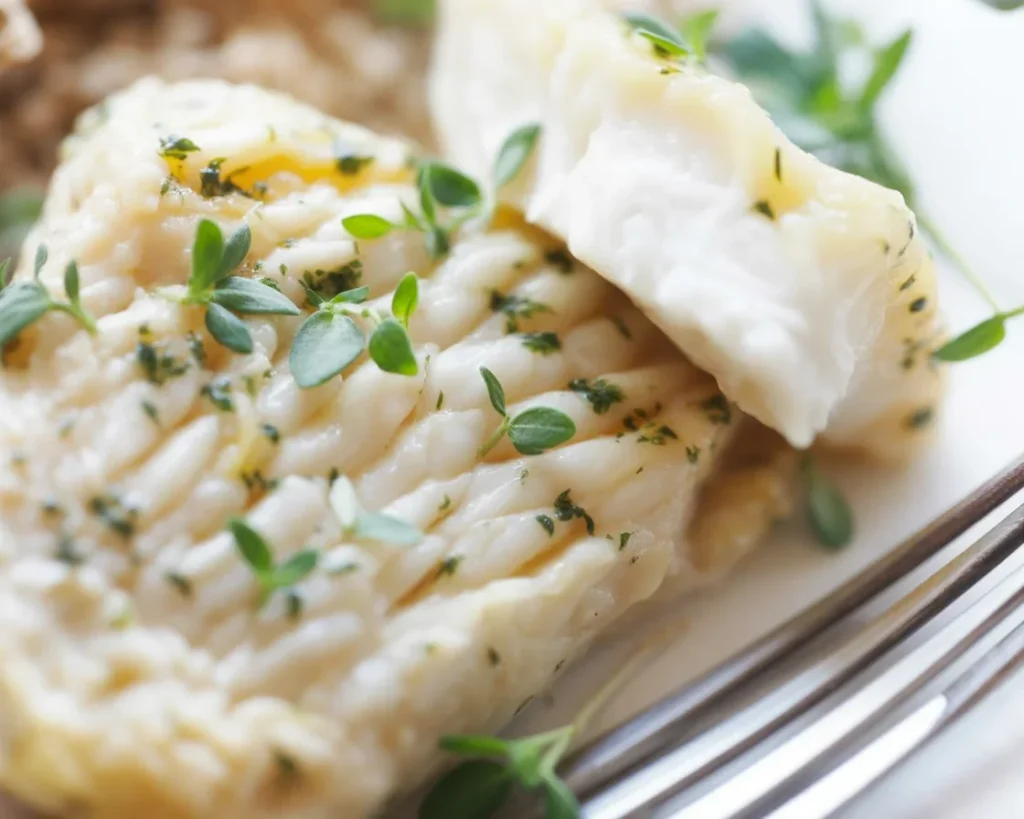 Pieczony filet z halibuta w naczyniu żaroodpornym, doprawiony ziołami i przyprawami.