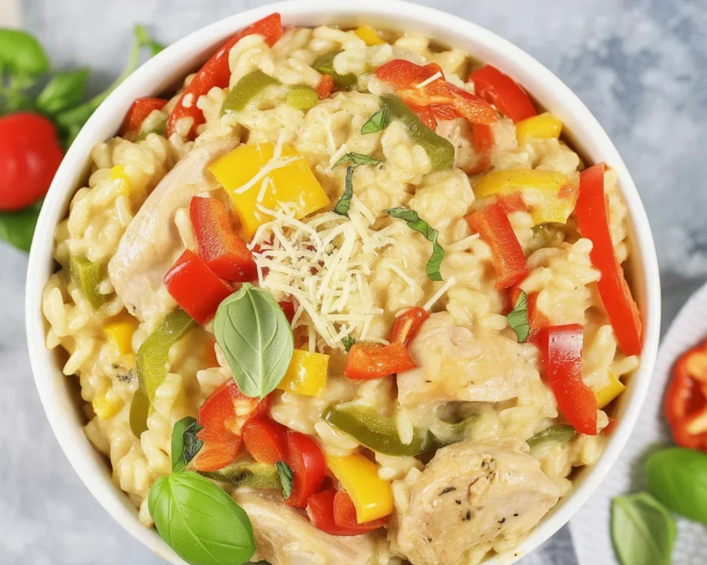 Kremowe risotto z kurczakiem, cebulą i ryżem arborio na talerzu.