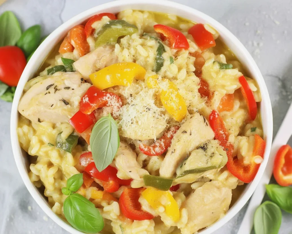 Risotto z kurczakiem i warzywami w talerzu, apetyczne i kolorowe danie.