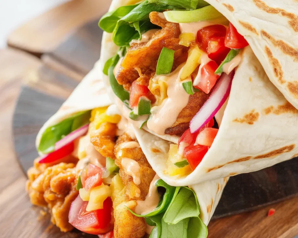 Tortilla z kurczakiem i warzywami na talerzu